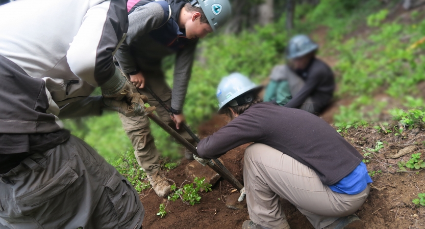 students use gardening tools during a service day with outward bound